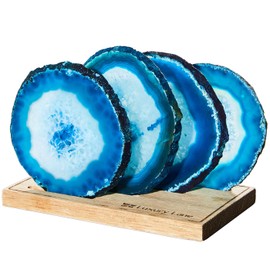 Luxury Lane Set of 4 Large Natural Brazilian Agate Slice Geode Rock Stone Drink Coasters with Wood Holder 4.3-4.7 inch Centerpiece Table Decoration, Ocean Blue
