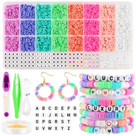 Keiby Citom Clay Beads Friendship Bracelet Making Kit 8 Colors Flat Round Polymer Clay Beads for Jewelry Making Bracelet Necklace Earring DIY Craft with Letter Beads and Elastic Strings