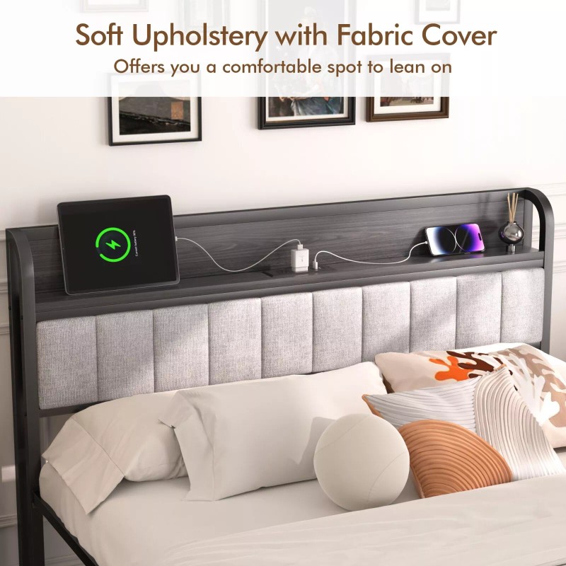 Vecelo Bed Frame with Storage Headboard Power Outlet Full Queen