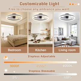 VOLISUN Low Profile Ceiling Fans with Lights and Remote, 19.7in Flush Mount Ceiling Fans with Light, 3000K-6500K Dimmable Fandelier LED Fan Light, Bladeless Ceiling Fan for Bedroom(Black)