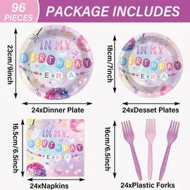 OBUSATT 96Pcs In My Birthday Era Party Plates and Napkins Music Friendship Party Decorations Pink Singer Themed Tableware Disco Ball Dinnerware Set for Fans Girl's Birthday Parties Supplies Serves 24
