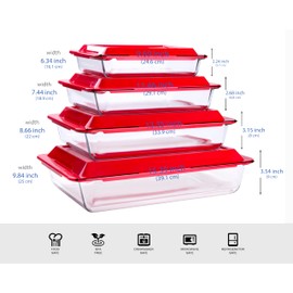 HUSANMP Set of 8 pcs Tempered Nesting Glass Baking Pan Set, Glass Baking Dish with BPA Free Lids. Oven, Microwave, Refrigerator and Dishwasher Safe - 1L, 1.7L, 2.8L, 4.2L