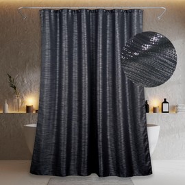 Black Long Sparkly Shower Curtain: 96 Inch Extra Tall Silver Metallic Shimmery Bling Shiny Textured Fabric Decorative Shower Curtains for Bathroom - Glam Fancy Luxury Modern Chic Design - 72x96