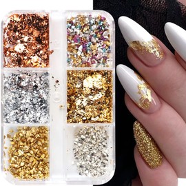 6 Grids Metallic Nail Art Foil Flakes Gold Nail Glitter Sequins Silver Nail Charms Design Nail Supplies Accessories 3D Holographic Sparkly Aluminum Foil Flake for Women Glitter Flakes Nail Decorations
