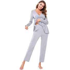 Litherday Women's Maternity Nursing Pyjamas Set Long-Sleeved Breastfeeding Sleepwear Soft Labor Nightwear PJ Loungewear Pregnancy for Hospital（Light Grey，M）