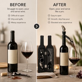 Wine Opener Gift Set for Entertaining – 5-Piece Stainless Steel Accessory Kit with Bottle-Shaped Case