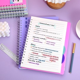 FLYING EAGLE 5 Subject Notebook Wide Ruled Spiral Notebook 7" x 10", 204 Pages Lined Spiral Journal Notebook with Dividers, Large Hardcover Notebooks for School, Work, B5, Violet