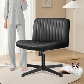 Brick Attic Wide Office Desk Chair, Armless Criss Cross Chair Leather Cross Legged Vanity Chairs, Swivel Height Adjustable Chairs for Home Office (Without Wheel Black)