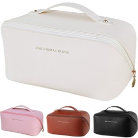 Chasinglee Makeup Bag, Large Capacity Travel Cosmetic Bag,Make up Bags Women,Toiletry Bag, Make up Bags for Women and Girls, New-PU Leather Waterproof Foldable Makeup Organizing Bag (Off White)