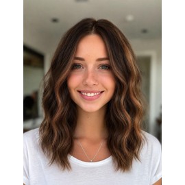 NOVFLKW Brown Highlight Short Wavy Wig for Women Shoulder Length Middle Part with Pre Cut Lace Hairline Wavy Wig Natural Appearance Synthetic Heat Resistant Fiber for Everyday Hairstyle 16 Inch