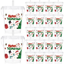 Shinymoon 20 Pcs Christmas Plastic Buckets Bulk Merry Christmas Cups with Lids and Straws 34 oz Xmas Beverage Travel Mugs Reusable Plastic Cups for Wine, Hot and Cold Drinks Xmas Party Supplies
