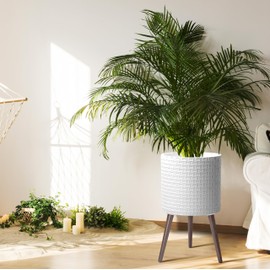 D'vine Dev 14 Inch Modern Geometric Tile Patterned Sleek Planter Pot with Stand, Indoor Outdoor Decorative Plant Holder, Matte White, 88-Z-D-1