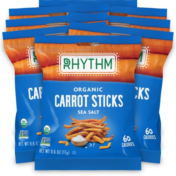 Rhythm Superfoods Carrot Sticks, Sea Salt, Organic and Non-GMO, 0.6 Oz (Pack of 8) Single Serves, Vegan/Gluten-Free Superfood Snacks