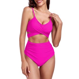 Durio Two-Piece Bikini Set Bathing Suits for Women High Waisted Swimsuits With Push Up Bikini Top & Bottoms Tummy Control Vintage Swimwear Hot Pink Medium