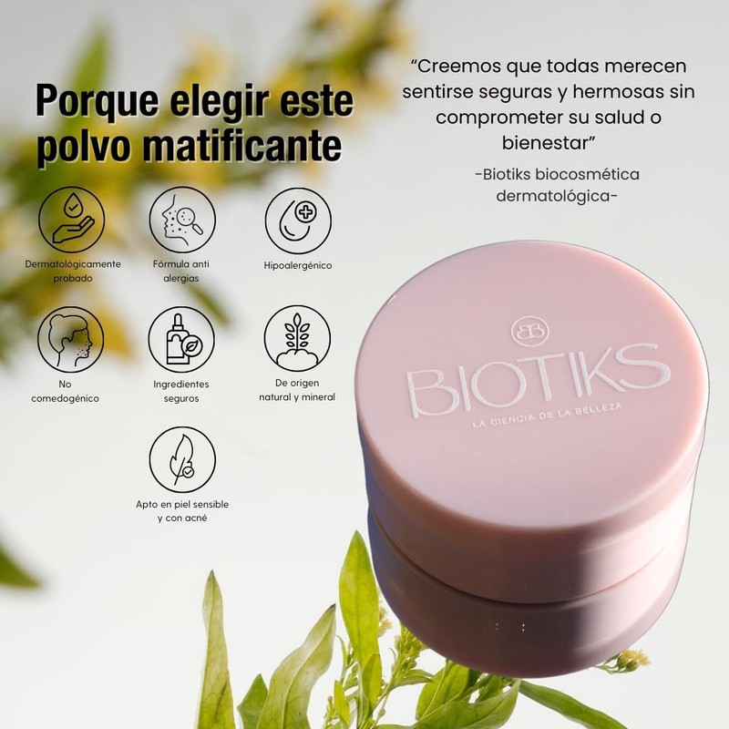Biotiks Polvo matificante, control de grasa, Avena, Arroz, Caléndula, Vitamina