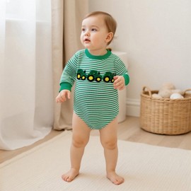 Baby Boy Tractor Bubble Romper Waffle Striped Embroidery Long Sleeve Jumpsuit Retro Bodysuit Cute Newborn Coming Home Outfit Fall Winter 3 6 12 18Months (Green, 0-3 Months)