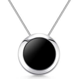 Materia KA-431 Women's Pendant Onyx Black Round 925 Silver Pendant Black Stone Large with Chain Including Case, Black Onyx Gemstone, Onyx
