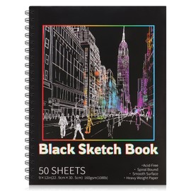 50 Sheets Black Paper Sketchbook, 108 lb/160gsm Heavyweight Black Sketch Pad 9×12in, Acid-Free Drawing Paper, Spiral Bound Sketch Book for Kids, Teens, Artist, Stocking Stuffers