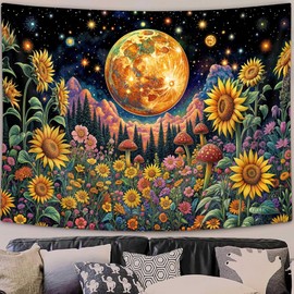 BATRUG Bohemian Floral Moon Art Tapestry, Fantasy Mystic Mountain Forest Tapestry, Colorful Flower Nature Scenery Plants Wall Tapestry Vintage Aesthetic Tapestry Wall Hanging for Bedroom 60 X 40 IN