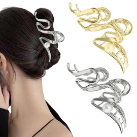 2 PCS Large Hair Clips Non-slip Claw Clips Metal Pearl Hair Grips Silver Gold Strong Hold Hair Accessories for Women Girls