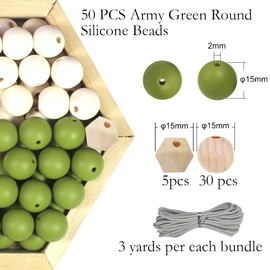 ZHFMLY 85PCS 15mm Army Green Silicone Beads Set Loose Space Beads with Wooden Beads for Keychain Necklace Bracelet Making DIY Supplies Handicraft ZHS107
