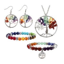 Jovivi 7 Chakra Tree Life Tumbled Gemstone Healing Crystals Necklace & Earrings & Chakra Bracelet Sets, Mothers Day Gifts