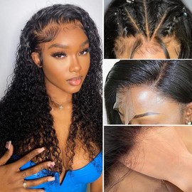 Derun 13x6 Real HD Lace Front Wigs Human Hair 180% Density 0.12MM Ultra-thin Invisible Swiss Lace Front Curly Wig Pre-plucked with Baby Hair Vivid Hairline Bleached Knots and Elastic Band Wig for