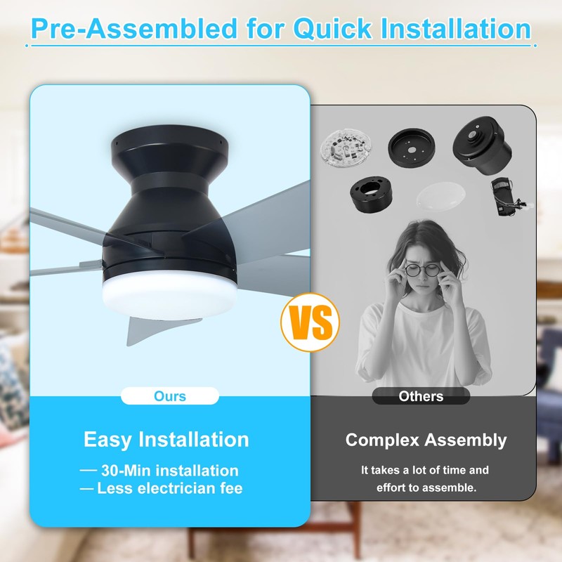 Depuley Modern Ceiling Fan with Light: 35-Inch Black Small Fans