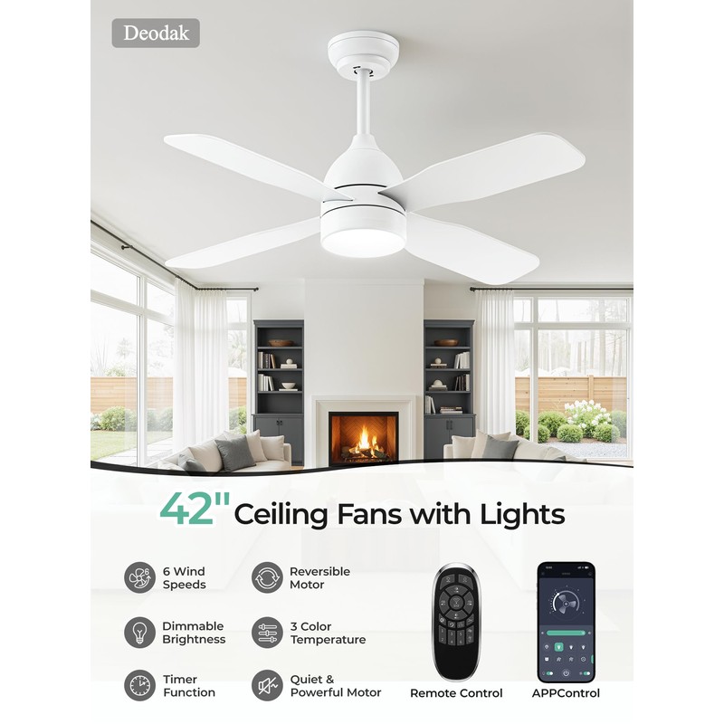 42 Inch Ceiling Fan with Light, APP & Remote, Downrod