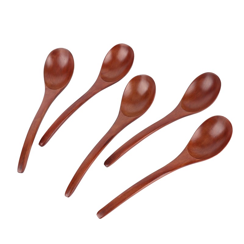 5Pcs Wooden Soup Spoon with Curved Handle Multi Purpose Rice