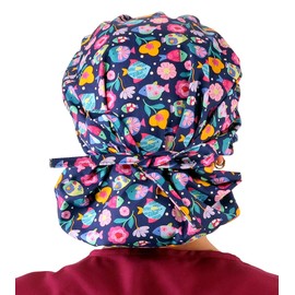 Sparkling EARTH Banded Bouffant Surgical Scrub Ponytail Working Caps and Built-in Sweatband - 100% Cotton - Made in The USA (1, Fabulous Fishies on Navy Blue)