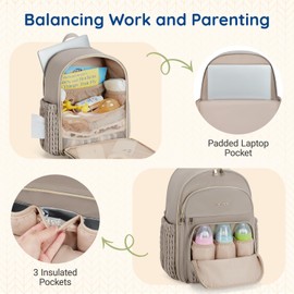 mommore Diaper Bag Backpack Large Baby Bag with Insulated Pockets, Laptop Sleeve Stroller Buckles, Quilted Travel Diaper Backpack with Luggage Strap