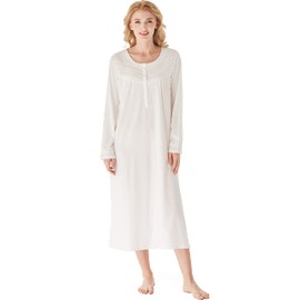 Keyocean Nightgowns for Women, Soft 100% Cotton Knit Nightgowns, Comfy Long-Sleeve Ladies Sleepwear Gown for Mom, Cream, XX-Large