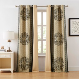 Stratford Park Black Gold Curtain, Grommet Window Curtains for Bedroom Living Room, 2 Panels, 37Wx84L Lined Jacquard Border Curtain Panels
