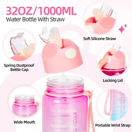 1 Liter Sport Wasserflaschen, große Kapazität Time Maker Wasserflasche, Kunststoff auslaufsicher langlebig Trinkflasche für Sport, Gym, Fitness, Radfahren, Reisen, Schule und Büro (Pink-Lila & Blau)