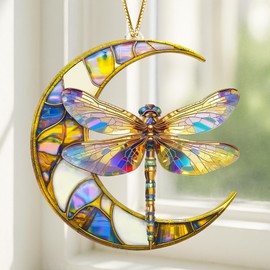 Sensemory Dragonfly Gifts for Women, Dragonflies Decor Suncatcher Effect, Dragon Fly Stained Glass Effect, Dragonfly Ornaments for Christmas Tree Decoration, Birthday Gift for Mom (Moonwing)