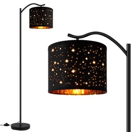 BoostArea Floor Lamp for Living Room,8W LED Arched Tall Modern Standing Lamp with Bohemian Linen Shade, E26 Socket, Footswitch,Black Mid Century Floor Lamp for Bedrooms,Office,Star Shade