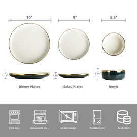 Pokini Porcelain Dinnerware Sets, 12 Piece Luxury China Plates and Bowls Sets, Green Dishes Set Gold Rim for Wedding Anniversary Birthday, Modern Dinner Plates Set