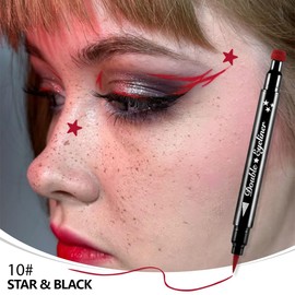 BINGBRUSH Double-sided Liquid Stamp Eyeliner Pen, Face Stamps Makeup Extremely Black Waterproof Slim Gel Felt Tip High Black Pigment Liquid Eyeliner & Seal (10#Star&Red)