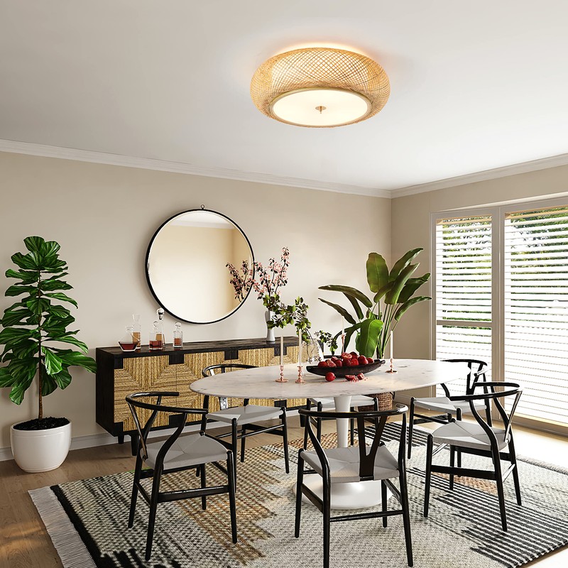 Aeyee Bamboo Flush Mount Ceiling Light Handwoven Rattan Light Fixture,