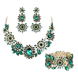 BriLove Wedding Jewellery Set for Women bride, Oval Teardrop Marquise Rhinestone Cluster Statement Necklace Dangle Earrings Stretch Bracelet Costume Jewelry for Party Prom Emerald Color Gold-Tone