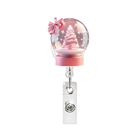 Christmas Badge Reel Funny Pink Christmas Tree Crystal Ball Badge Holder 2D Xmas Tree Bow Snowflake Design Cute ID Name Card with Alligator Clip Winter Holiday Badge Reels for Nurse Teacher Office