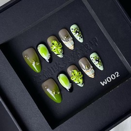 Ombre Green Press on Nails Handmade Medium Almond Fake Nails 5D Embossed Flower False Nails Press ons Ocean Summer Glue on Nails Full Cover Reusable Handmade Nail for Women Size M