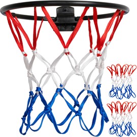 LAO XUE 2 Pack Mini Basketball Net Replacement,8 Loops Indoor Outdoor Nets,Suitable for Doors and Walls (Red,White,Blue)