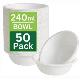 50 Pack Strong Paper Bowls – 240ml Disposable Compostable Bagasse Bowls for Party – Biodegradable Eco-Friendly Microwavable Soup Bowls for Dessert Milk Salad Cereals – Perfect for Christmas Wedding