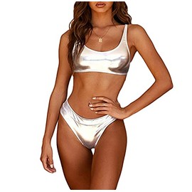 YAUASOPA - Traje de baño de dos piezas con purpurina metálica líquida y brillante, de corte alto, Plata 1, M