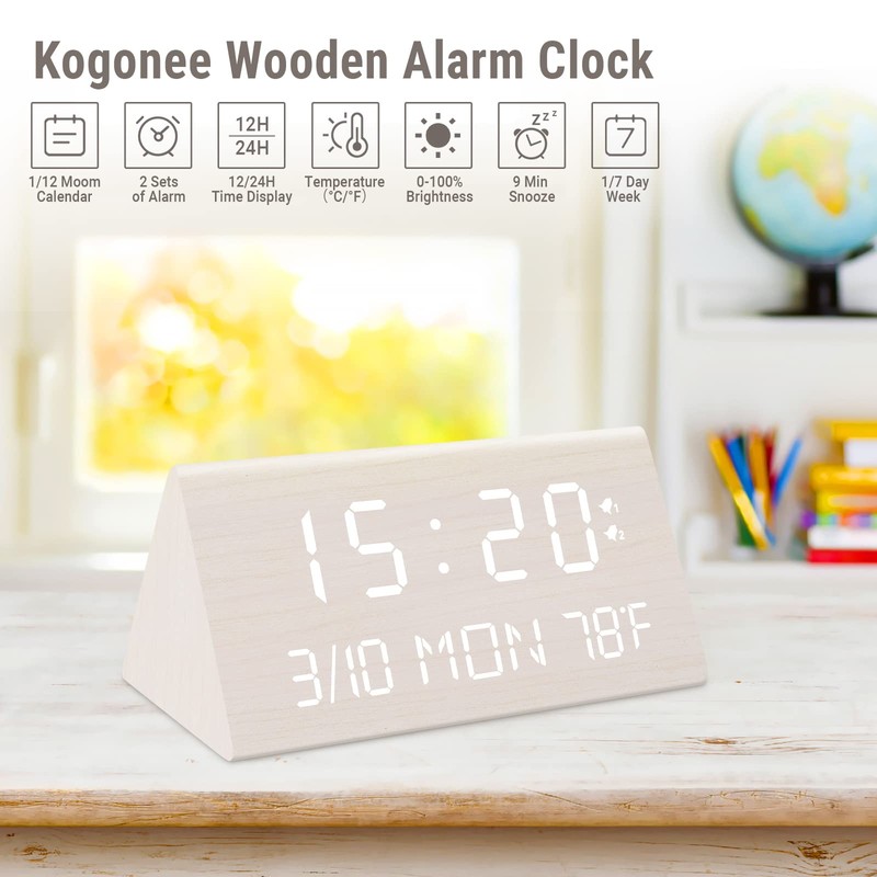 Kogonee Wooden Digital Alarm Clock, 0-100% Dimmer, 2 Alarm Settings,