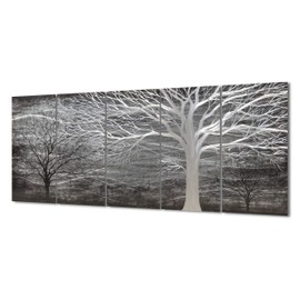Yihui Arts Tree Metal Wall Art For Living Room Black Grey Silver Color Pictuers For Decor