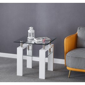 Goujxcy Square Glass End Table, White Glass End Table, Small Side Table, 2 Layer Corner Table with Solid Wood Legs and Glass Top & Open Shelf for Bedroom Living Room Home Office (White8)