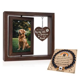 Ckedes Dog Memorial Gifts for Loss of Dog Sets, 4x6”Rotating Wooden Photo Frame and 8MM Rainbow Bridge Bracelet for Beloved Cats and Dogs Pet Memorial Gifts for Dog Cat Dog Bereavement Gifts（Black）
